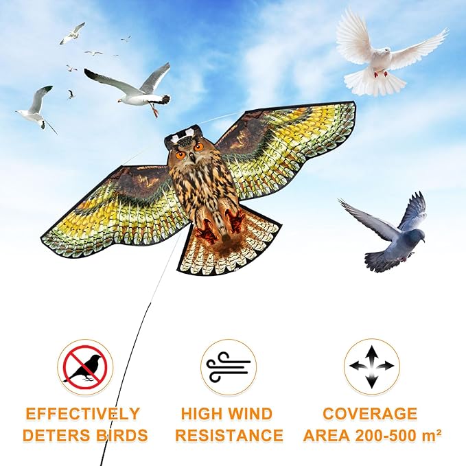 Bird Hawk Flying Kite with Pole Crop Protector Bird Scare Kites with 4m Pole - Owl Kite