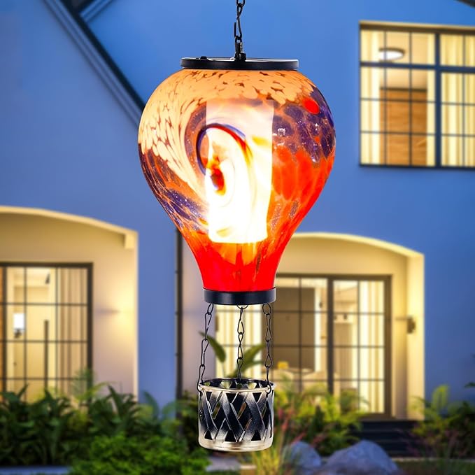 Starsoul 2 PC Hot Air Balloon Solar Lantern with Flame Glass Outdoor Hanging Hot Air Balloon Solar Light Waterproof Garden Patio Yard Party Decorations