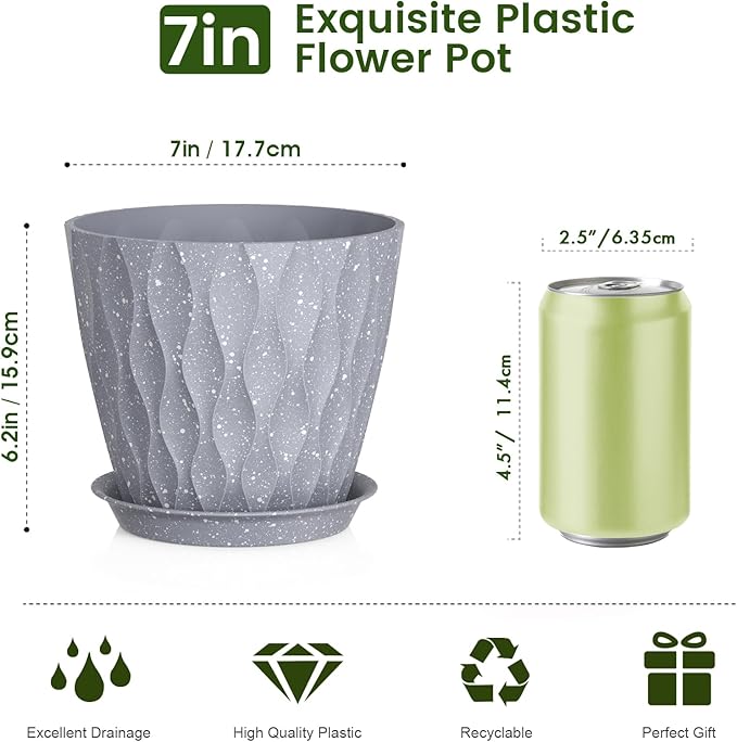 7 inch Plant Pots for Indoor Outdoor Plants, 5 Pack Thick Flower Pots with Drainage Holes and Saucers, 3D Modern Wave Texture Plastic Planter Nursery Pots, Speckled Grey