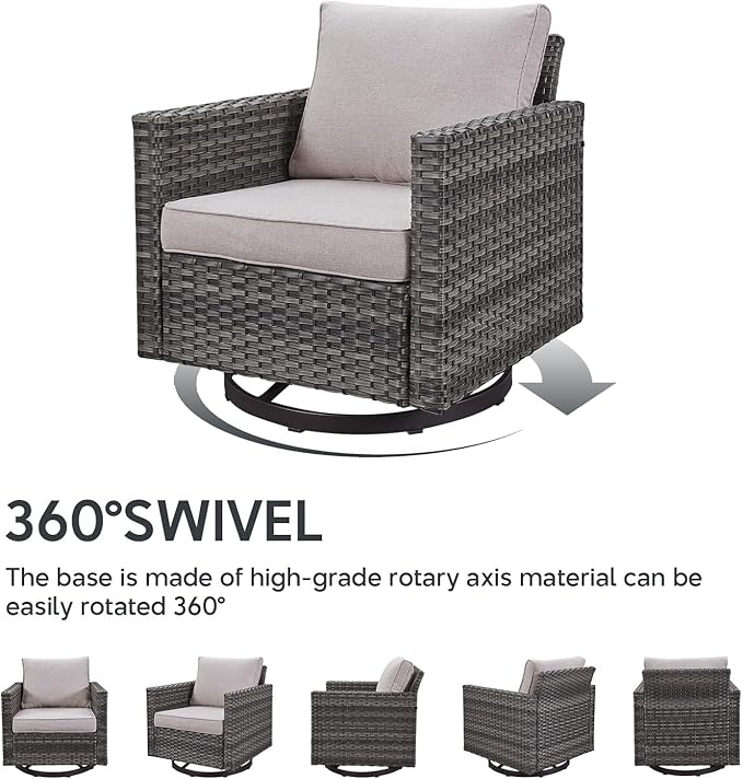 7 Piece Wicker Patio Furniture Set - Outdoor Swivel Rocker Chairs Set with Coffee Table, Side Table, 3 Seat Sofa & Ottomans, Small Patio Conversation Sets for Balcony Deck - Grey/Beige
