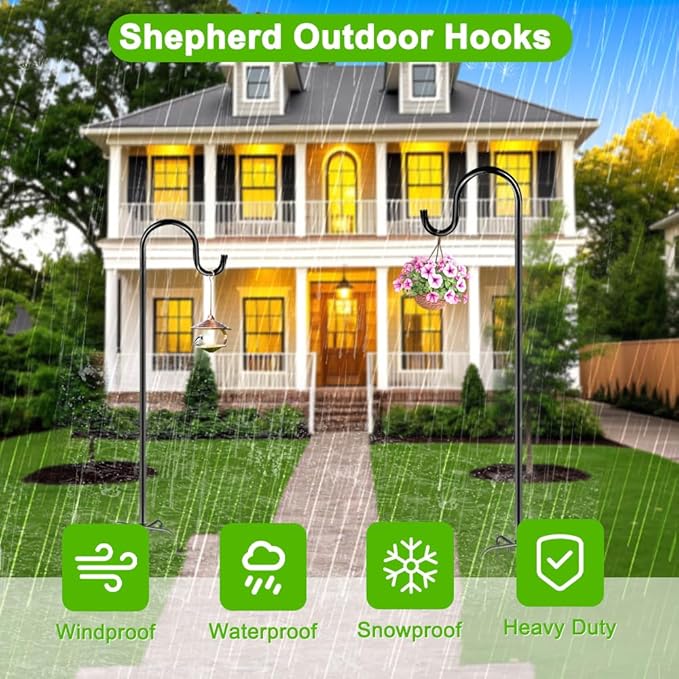 84" Shepherds Hooks for Outdoor, Heavy Duty Garden Bird Feeder Pole Hanging Bird Feeder, Solar Light Lanterns, Outdoor Plant Hanger Hook with 7 Base Prongs, 2 Packs