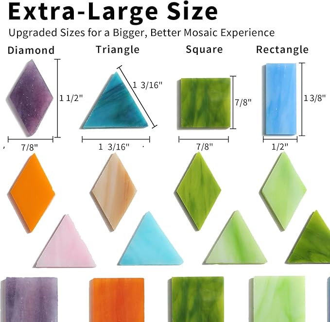 Lanyani Extra-Large Stained Glass Mosaic Tiles for DIY Crafts & Art Projects, 1.4lb Bulk Pack – 200 Pre-Cut Mosaic Glass Pieces, 4 Shapes, Vibrant Mixed Colors