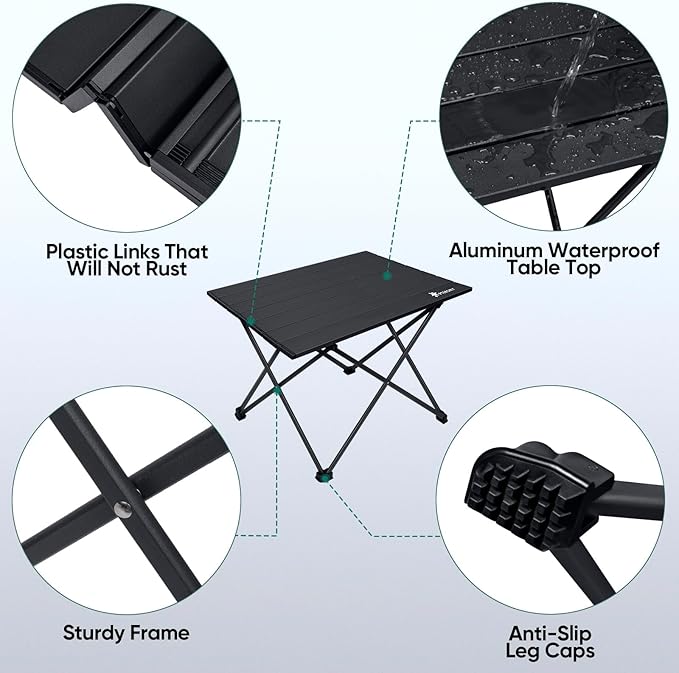 PTEROMY Medium Folding Camping Table, Portable Beach Table with Ultralight Aluminum Tabletop for Travel, Outdoor, Camping, Picnics, and BBQs (Black)