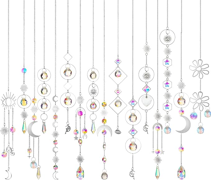 Ysleen 16 Pcs Crystals Suncatcher Colorful Hanging Sun Catcher for Window with Chain Pendant Ornament Prism Rainbow for Garden Wedding Valentine's Day Party Indoor Outdoor Decoration Gift(Silver)
