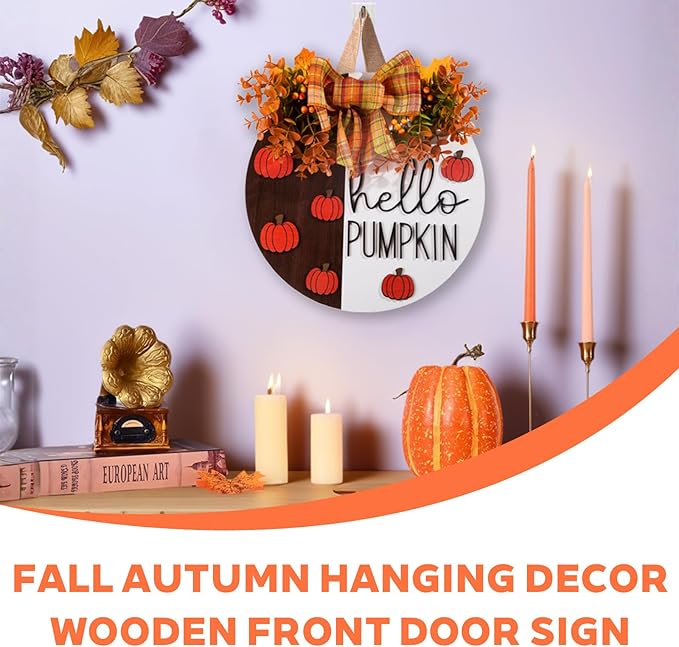 Hello Pumpkin Wooden Door Hanger Fall Outdoor Wreath with Bow & Wreath | Thanksgiving Fall Front Door Decor | Rustic Harvest Farmhouse Sign for Porch, Wall | Indoor Outdoor Autumn Home Decor