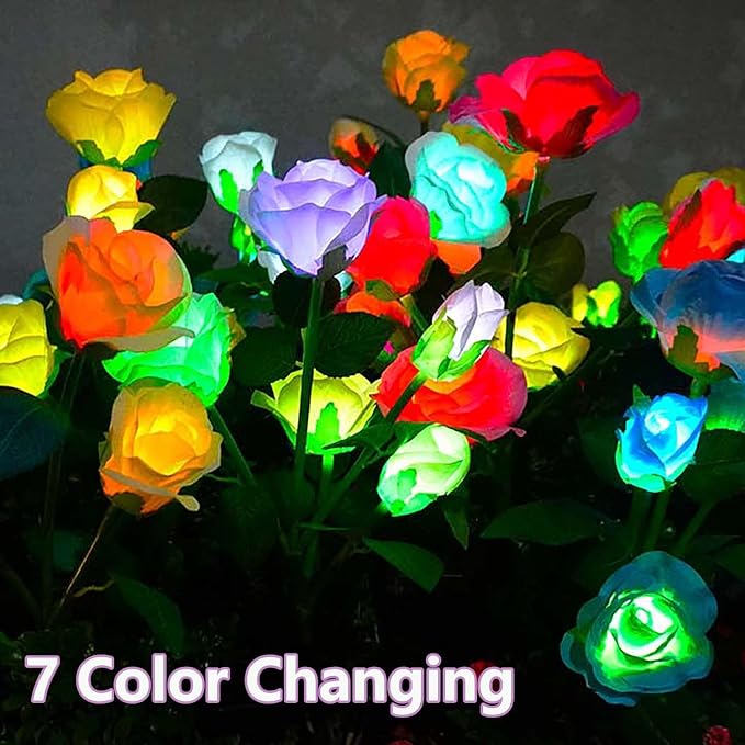 Solar Garden Lights Outdoor, 4 Pack Flower Lights for Outside, 16 Solar Lilies with Butterflies, Waterproof Garden Decor for Yard, Patio, Gifts for Women Mom (4 pcs 7-Color Rose)