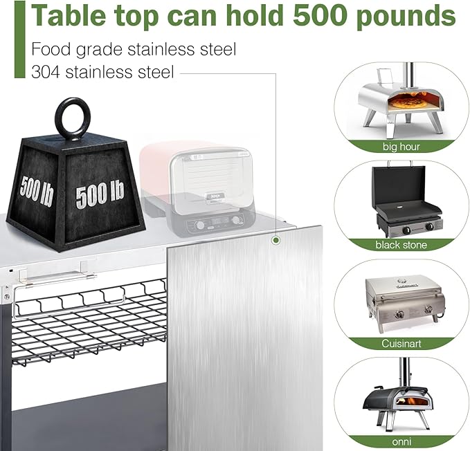 Outdoor Grill Cart, 500lb Dining Cart Table with Three-Shelf, Stainless Steel Rolling Movable Food Prep and Work Table