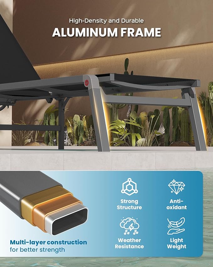 Chaise Lounge Outdoor, Foldable Aluminum Pool Lounge Chairs with 5 Positions Recliner - Free Assembly - Patio Chaise Lounge Chair for Poolside, Beach, Yard (Black)