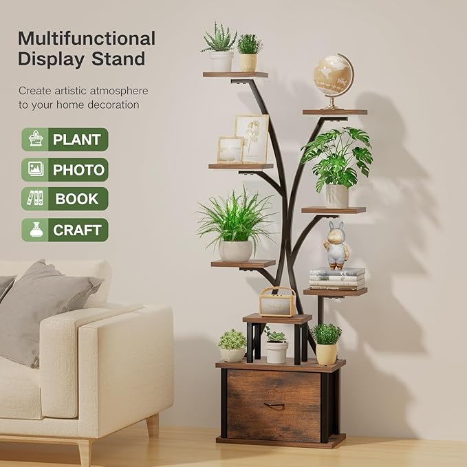 Plant Stand with Grow Light - 9 Tiered Plant Stand Indoor with Storage Drawer for Indoor Plants, 65" Tall Plant Shelf with Grow Light, Curved Corner Plant Shelf Indoor for Living Room, Patio Decor