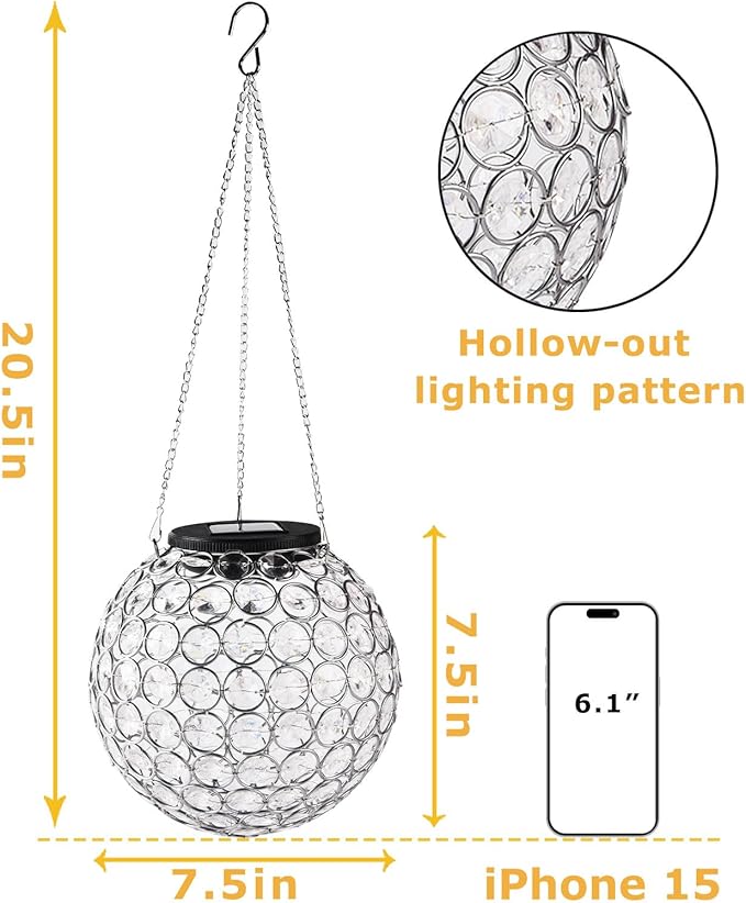 Solar Hanging Lantern Outdoor Lights, Dual LEDs Color Changing and Cool White Hanging Light Waterproof Crystal Globe Lamp Decoration in Garden, Pathway, Front Door - Clear