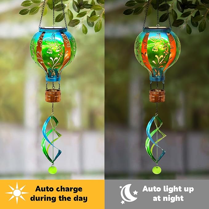 Hot Air Balloon Solar Lantern Hummingbird Wind Spinners with Flickering Flame Light Hanging Solar Lantern Outdoor Waterproof Decorations for Outside Patio Garden Yard