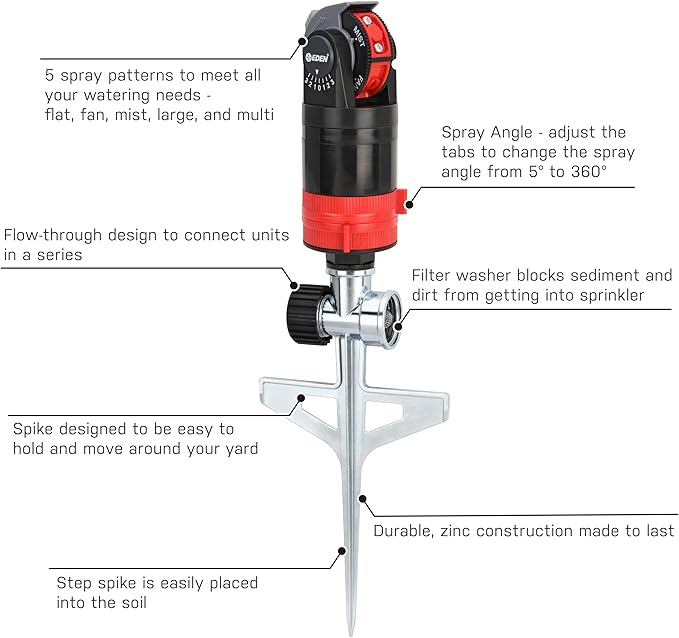 Eden 94143 Multi-Pattern Sprinkler Plus Misting System with Metal Sprike Set; Gear Drive, Heavy Duty, Gardening Watering System, Garden&Lawns, 5 Pattern, Coverage up to 3737sq.ft