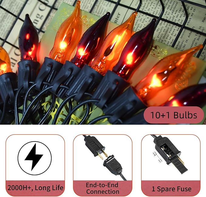 12.8Ft Halloween Decorations - Indoor/Outdoor Flickering Flame String Lights, Orange & Purple, 12 Pack C7 Flame Lights Bulbs