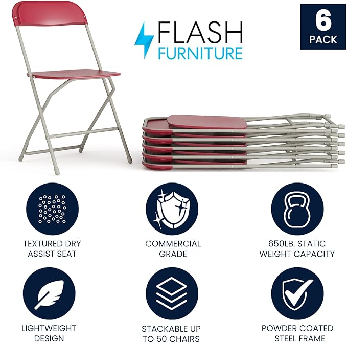Flash Furniture Hercules Series Plastic Folding Chair - Red - 6 Pack 650LB Weight Capacity Comfortable Event Chair-Lightweight Folding Chair