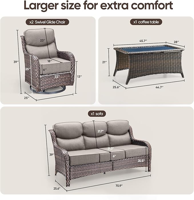 Swivel Patio Chairs sofa Set of 4 with 6" Thick Cushion - Wicker Outdoor Swivel Rocker Patio Chair ,Sofa/Glass coffee table, High Back Comfortable Outdoor Glider Chairs - Brown Wicker Grey Cushions