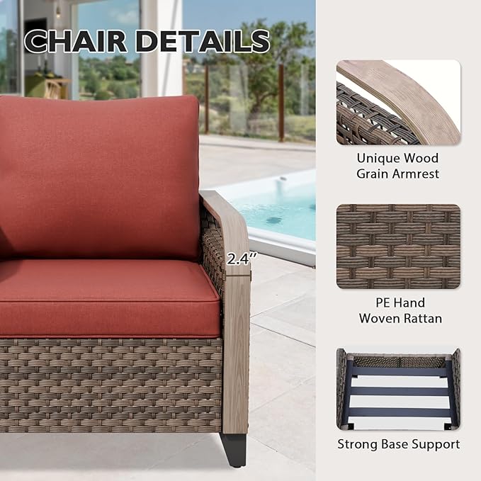 EAGLE PEAK Modern Wicker Outdoor Chair, Patio Chair Curved Armrest, Rattan Patio Furniture for Yard Deck Porch Garden, 2 Chairs, Brown/Red