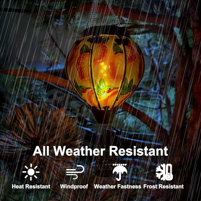 2PCS Solar Hot Air Balloon Flickering Flame Hanging Garden Light with Shepherd's Hooks, Waterproof Glass Outdoor Lantern for Yard Patio, Mother's Day Gift, 18" H Hummingbird & Flower