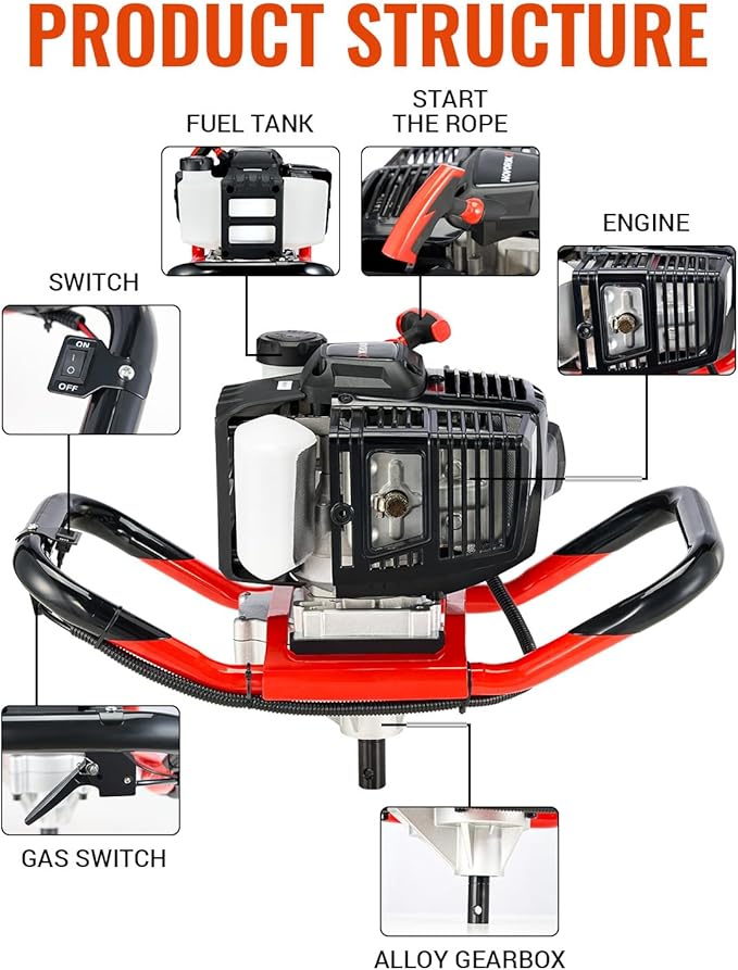Post Hole Digger 52cc 1400W with 2 Earth Auger Drill 6"& 8" Bits, Auger Gas Powered Heavy Duty for Tree Planting Fence Gardening Ice Auger