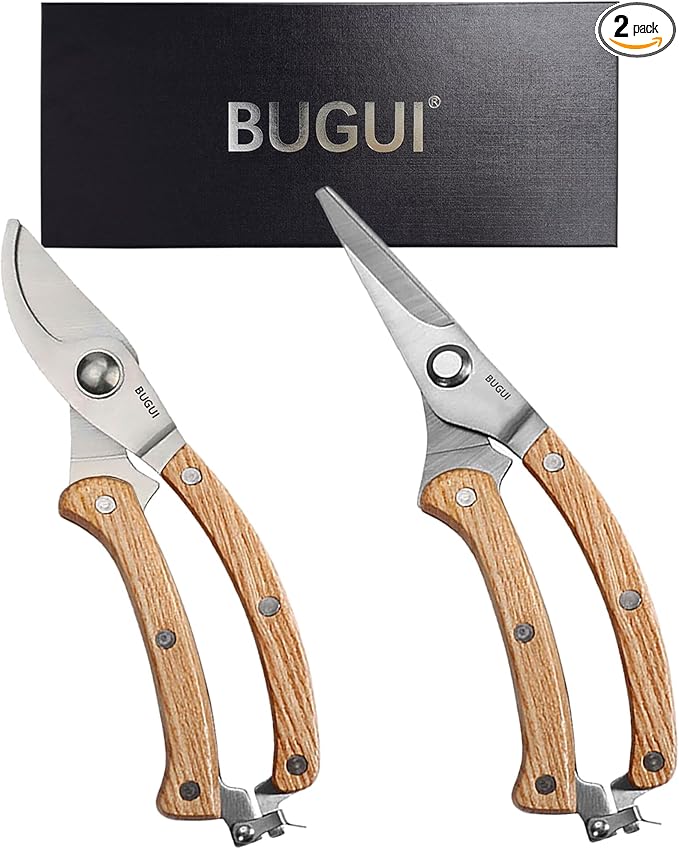 BUGUI 8” Wood Handle Garden Scissors, Set of 2, Includes Bypass Pruning Shears and Long Straight Tip Clippers, Premium Gardening Tools with Precision-Ground SK-5 Steel Blade