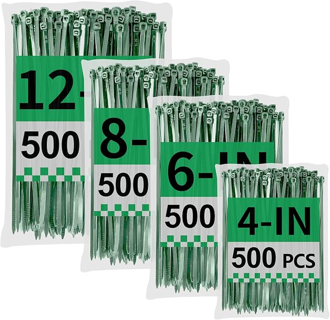 Green Zip Ties Assorted Sizes (4"+6"+8"+12"), 2000 Pack, Cable Ties UV Resistant for Garden, Plants, Fence, Holiday Lights, Yakobela