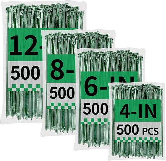 Green Zip Ties Assorted Sizes (4"+6"+8"+12"), 2000 Pack, Cable Ties UV Resistant for Garden, Plants, Fence, Holiday Lights, Yakobela