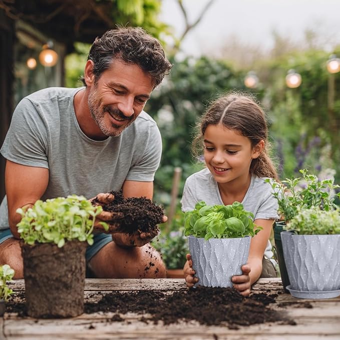 7 inch Plant Pots for Indoor Outdoor Plants, 5 Pack Thick Flower Pots with Drainage Holes and Saucers, 3D Modern Wave Texture Plastic Planter Nursery Pots, Speckled Grey
