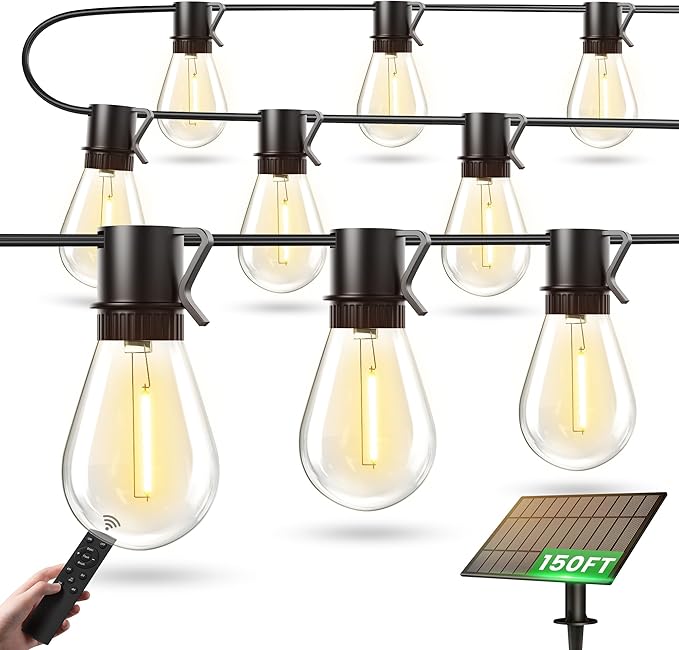 Solar Powered 150FT Outdoor String Lights 35+2 LED Bulbs Waterproof Shatterproof Remote Control Dimmable Extra Long Hanging Lights for Large Yard Deck Market Cafe Event Lighting