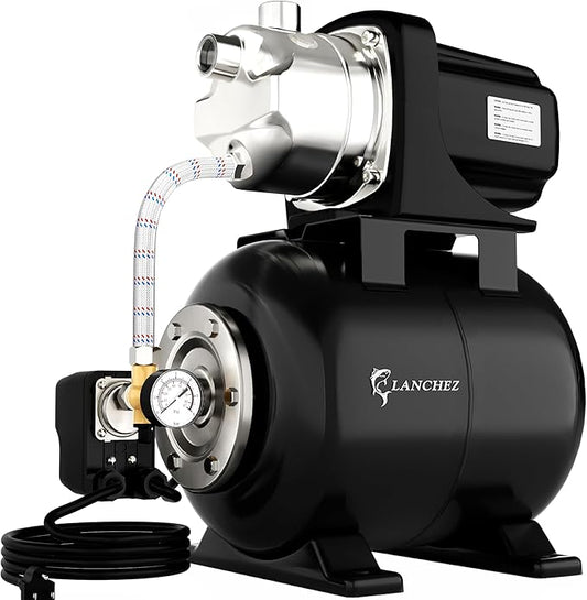 LANCHEZ 1.6HP Shallow Well Pump with Pressure Tank, 1340GPH Automatic Irrigation Water Booster Jet Pump, 115V Stainless Steel Water Transfer Pump for Home Garden Lawn Sprinkler Irrigation