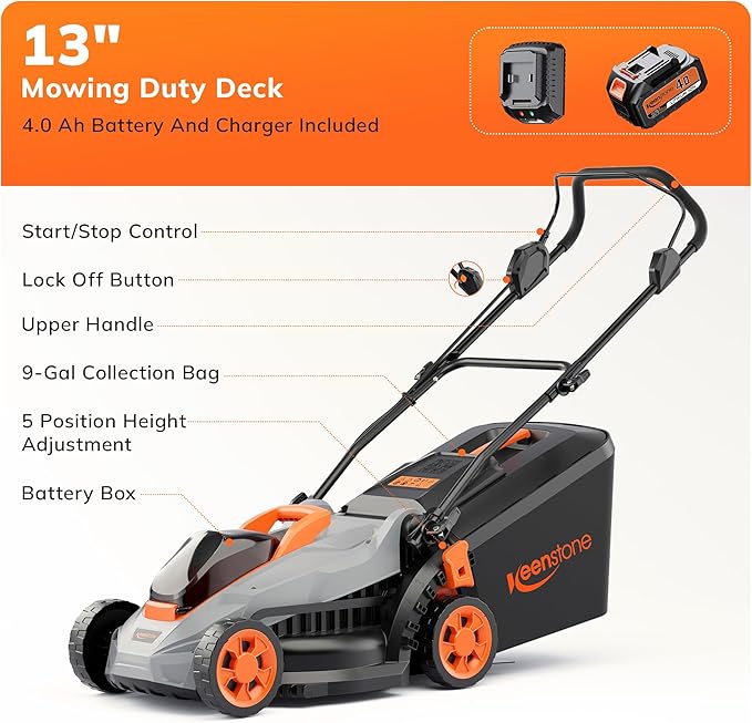 Electric Lawn Mower, 20V 13" Cordless Lawn Mower for Small Yard, Push Mower with 5 Height Adjustments, 2-in-1 Mulching/Bagging for Graden, 4.0Ah Battery and Charger Included(25min Runtime)