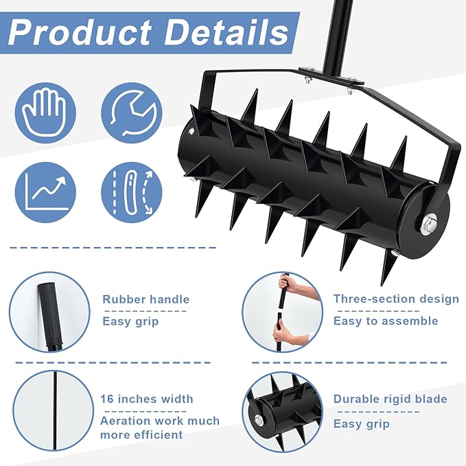 Lasnten Lawn Aerator Tool 16" Manual Rolling Yard Aerator Grass Roller Heavy Duty with 59" Stainless Steel Handle, Gloves, Spike Garden Rotary Push for Backyard Yard
