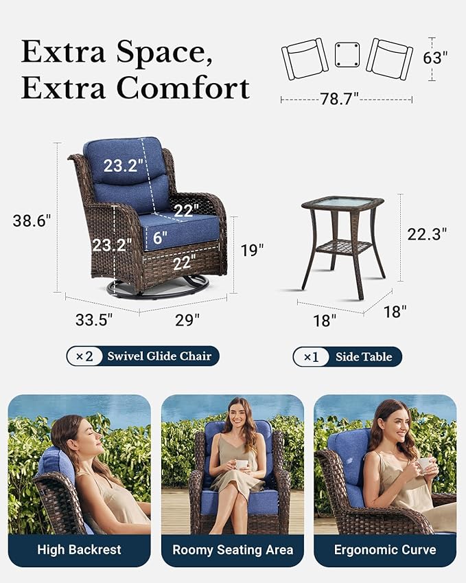 HILLGA Luxury Patio Furniture Set with 6-inch Thick Cushion, Outdoor High Back Swivel Rocker Patio Chairs, 3PCS Wicker Conversation Set for Deck Yard and Poolside, Blue (V2)