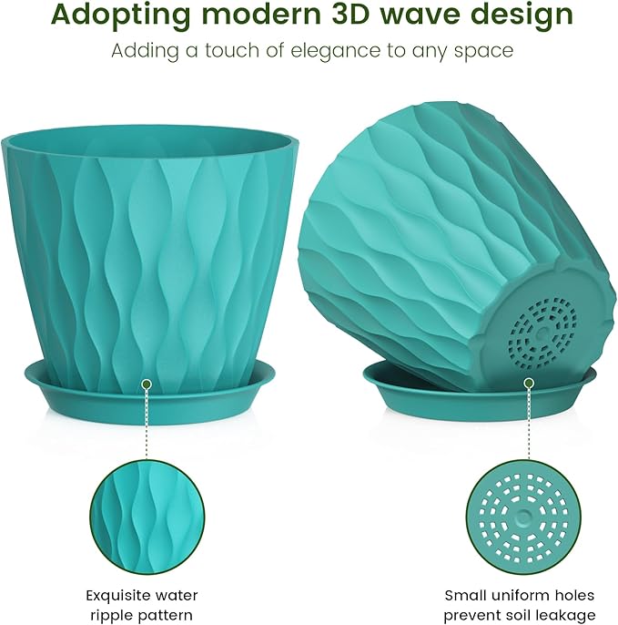 7 inch Plant Pots for Indoor Outdoor Plants, 5 Pack Thick Flower Pots with Drainage Holes and Saucers, 3D Modern Wave Texture Plastic Planter Pots for Nursery and House Plants, Blue Green