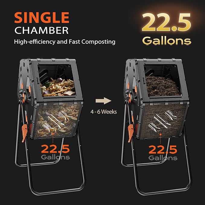 Compost Bin Outdoor 22.5 Gallon, Easy Assemble Composter Tumbler, 360°Rotating Garden Compost Bin for Fast Composting, Tumbling Composter for Outside, Backyard, and Yard