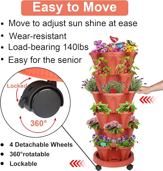 Vertical Planter, 6 Tier Stackable Strawberry Planter with Garden Tool Set, Movable Indoor/Outdoor Garden Herb Pot for Growing Vegetables and Succulents, Red