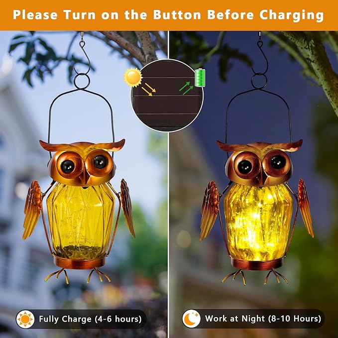 2 Pack Hanging Solar Lantern, Owl Solar Lanterns Outdoor Waterproof LED Glass Jar Lights for Garden Yard Tree Table Xmas Metal Decoration Lanterns