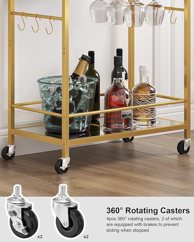 TUTOTAK Bar Cart, Serving Cart for Home, Drink Cart, Mobile Kitchen Shelf with Wine Rack and Glass Holder, Rolling Beverage Cart, Gold BC01BB031