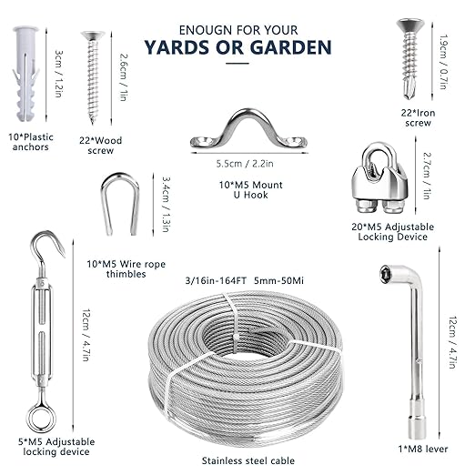 3/16 Wire Rope Kit, 165ft Vinyl Coated Galvanized Steel Cable with M5 Turnbuckles for Cables Wire, Rope Clamp & Thimble, 7X7 Strand Aircraft Cable for Anchored Shed, Fencing, Sunshade