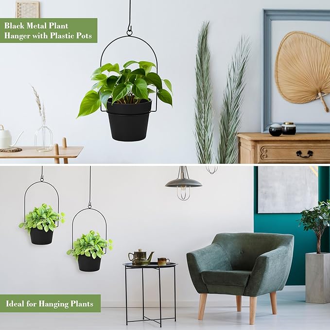 Hushee 6 Packs Metal Hanging Planters for Outdoor Indoor Plants Plant Hanger with 6.3'' Plastic Pots Hanging Planter Basket for Garden Home Porch Decor