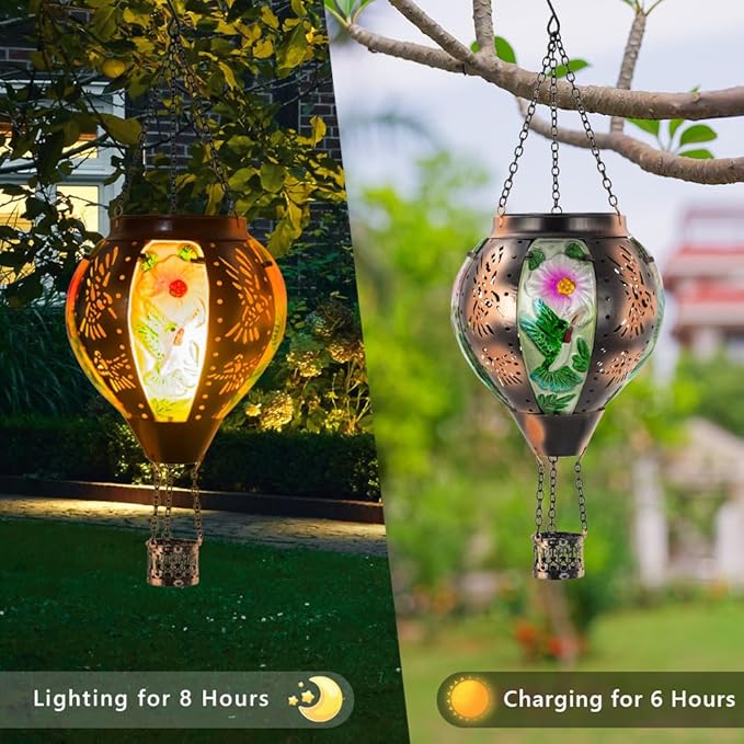 Starsoul Hummingbird Hot Air Balloon Solar Lantern Metal & Glass Solar Hot Air Balloon Hanging Garden Light Waterproof Outdoor Lantern for Patio Yard Party Decorations