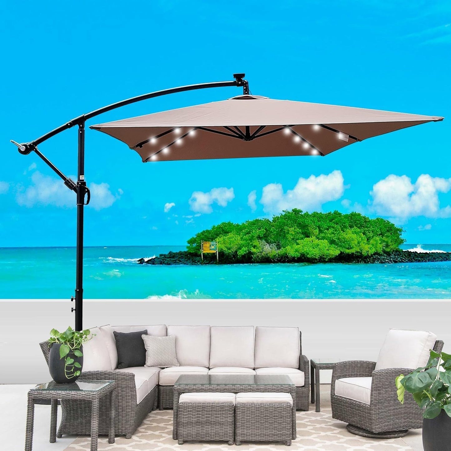10x6.5FT Patio Umbrella, Outdoor Offset Umbrella with Cross Base and Crank, Rectangular Cantilever Umbrella with Solar Lights, Hanging Market Umbrella with 6 Rids for Pool, Deck, Backyard (Mushroom)