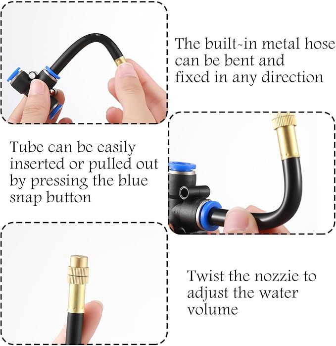 Zonon 10 Pcs Brass Misting Nozzles Tee with 4 Inch Built in Hose 360 Degree Rotation Adjustable Water Mister Nozzles Thread Sprayer 0.043" Misting Parts and Accessories for Patio Outdoor Cooling