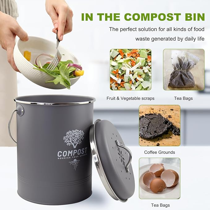 Kitchen Countertop Compost Bin, Odor Resistant Indoor Compost Bin with Lid and Charcoal Filter, Rust Resistant Coated Compost Bucket, Compost Container, Gray