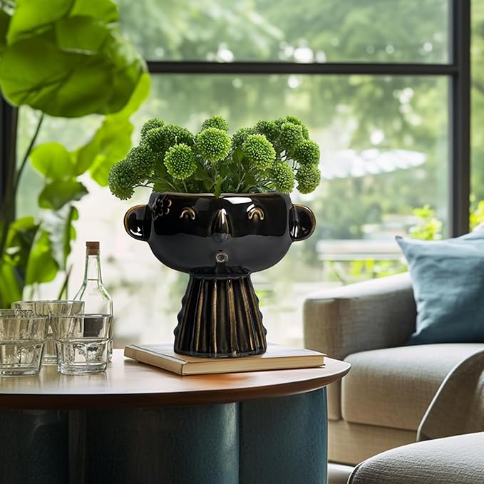 Head Planter 7 Inch - Ceramic Face Planters with Drainage Hole, Funny Succulent Pots for Indoor Outdoor, Cute Decorative Plant Pot, Desk Office Room Home Decor, Black