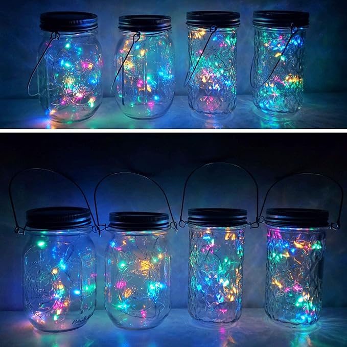 Solar Mason Jar Lights, 12 Pack 30 LED Waterproof Lid Light with Hangers (No Jar), Fairy Firefly Outdoor String Lights for Regular Mason Jar, Patio, Yard, Garden, Wedding Decoration (4 Colors)