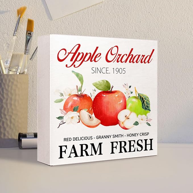 Fall Table Decor,Apple Orchard Autumn Harvest Seasonal Thanksgiving Wood Block Sign Desk Decor,Rustic Fall Wooden Box Sign Decor for Farmhouse Home Kitchen Shelf Table Decoration Q693
