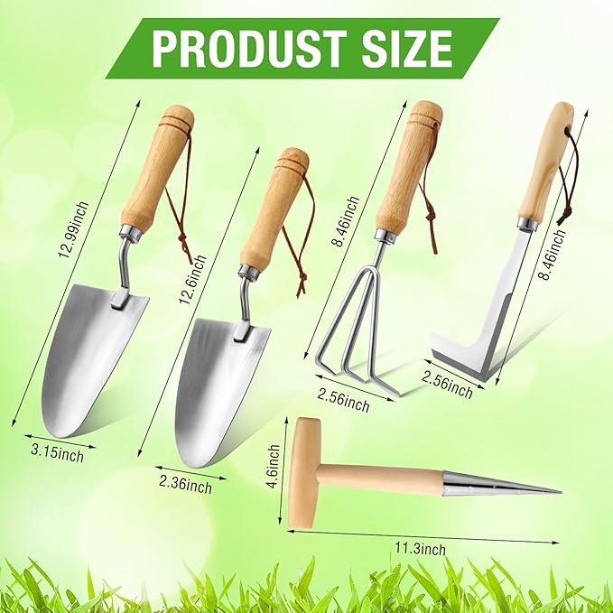 Lasnten 5 Pcs Garden Tool Set, Heavy Duty Gardening Tools with Hand Dibber, Hand Crack Weeder, Transplanter, Big Trowel, 3-Claw Cultivator for Planting Flowers, Gardening Gifts for Women and Men