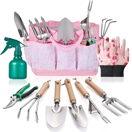 Gardening Tools of 9 Pieces | Stainless Steel Heavy-Duty Gardening Hand Tools with a Delicate and Durable Storage Bag and Anti-Slip Rubber Gloves | Pink