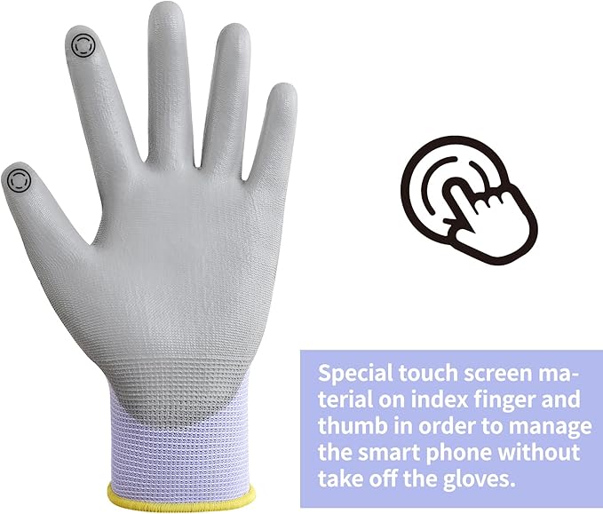 DULFINE Work Gloves for Men PU Coated 12 Pairs Bulk Pack,Purple Seamless Knit Glove with thin Polyurethane,Two Finger Touchscreen, for Men and Women, Ideal for Light Duty Work. (Small)