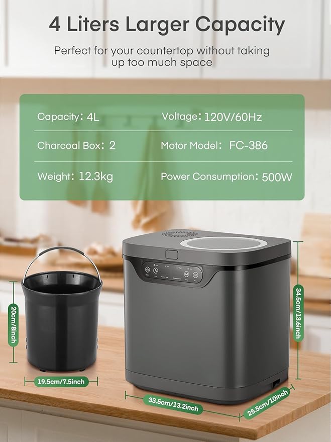 Electric Composter for Kitchen 4L, Countertop Compost Bin Indoor with Visible Window, LED Display, Auto-Clean, Carbon Filter, Odorless, Low Noise, Turns Waste into Natural Fertilizer
