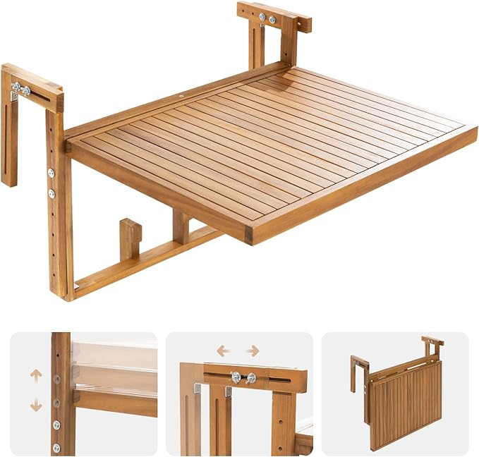 Idzo FSC Acacia Wood Folding Balcony Bar Table for Railings, Adjustable Height & Width, Teak Brush Finish Durable Against Weather, Ideal Spacious Dimension of 27 9/16 x 21 5/8 Inch, Rectangular Design